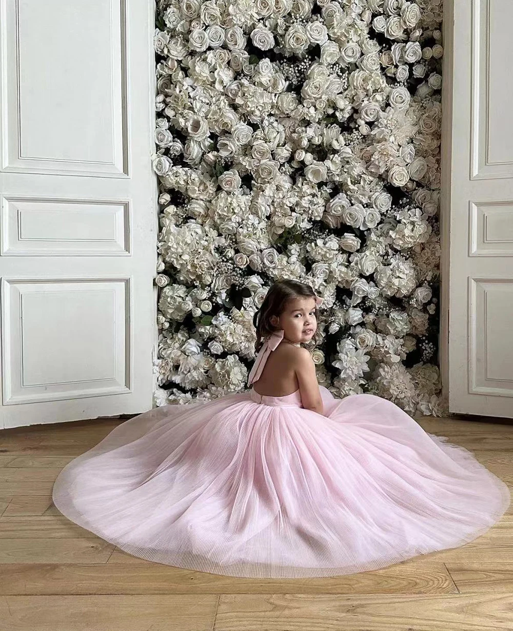 Vestido de tul rosa sin mangas para niña de las flores, vestido elegante sin espalda para boda, princesa para niño, primer vestido de fiesta de cumpleaños eucarista