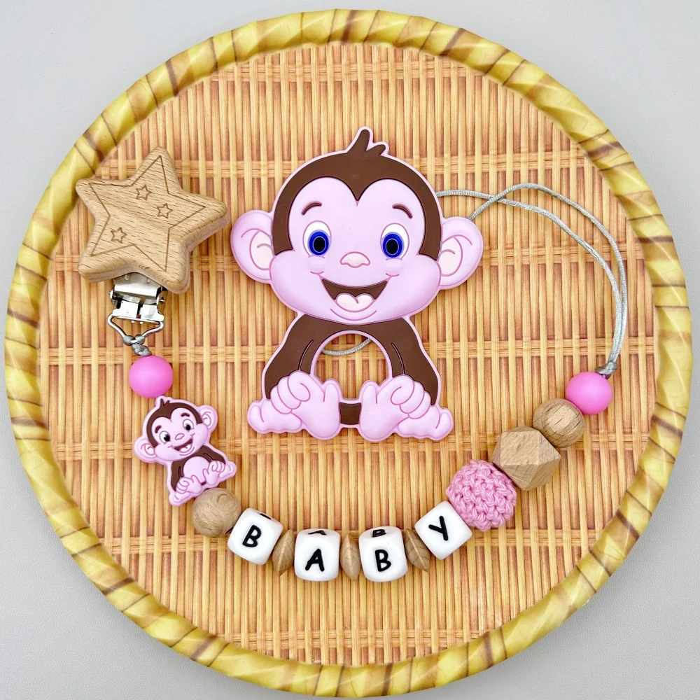 Personalized English Wooden Letters Name Baby Silicone MonkeyPendant Pacifier Clips Chains Holder Teether Baby Kawaii Toy Gifts