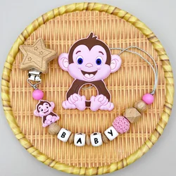 Personalized English Wooden Letters Name Baby Silicone MonkeyPendant Pacifier Clips Chains Holder Teether Baby Kawaii Toy Gifts