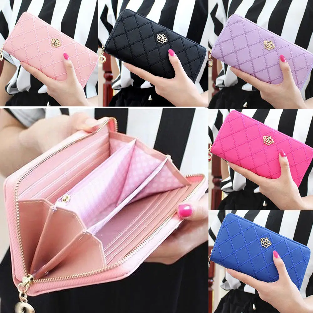 

Women Wallet Purses Plaid PU Leather Crown Long Purse Money Coin Pocket Card Holder Zipper Clutch Phone Handbag