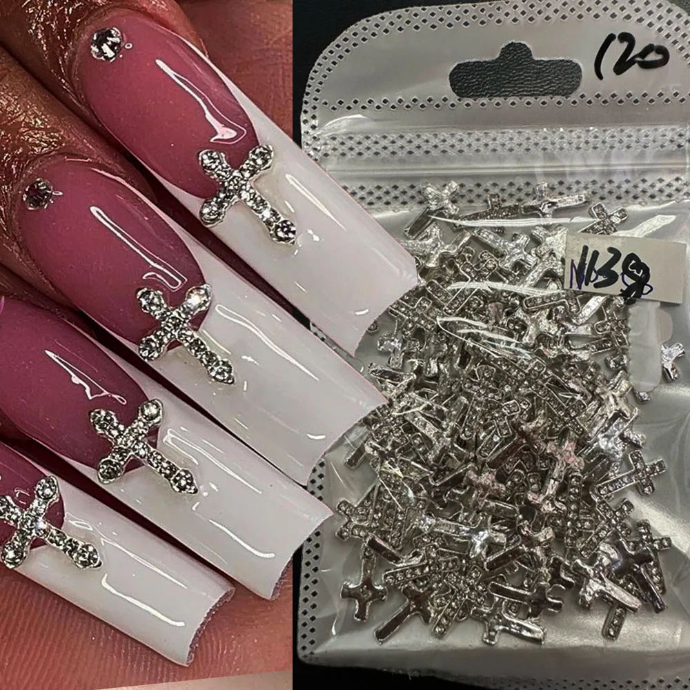 10 sztuk pełny brokat Punk krzyż zawieszki do paznokci 7*11.5cm srebrny/złoty metalowy krzyż zdobienie paznokci dekoracje 3D luksusowy klasyczny krzyż Manicure