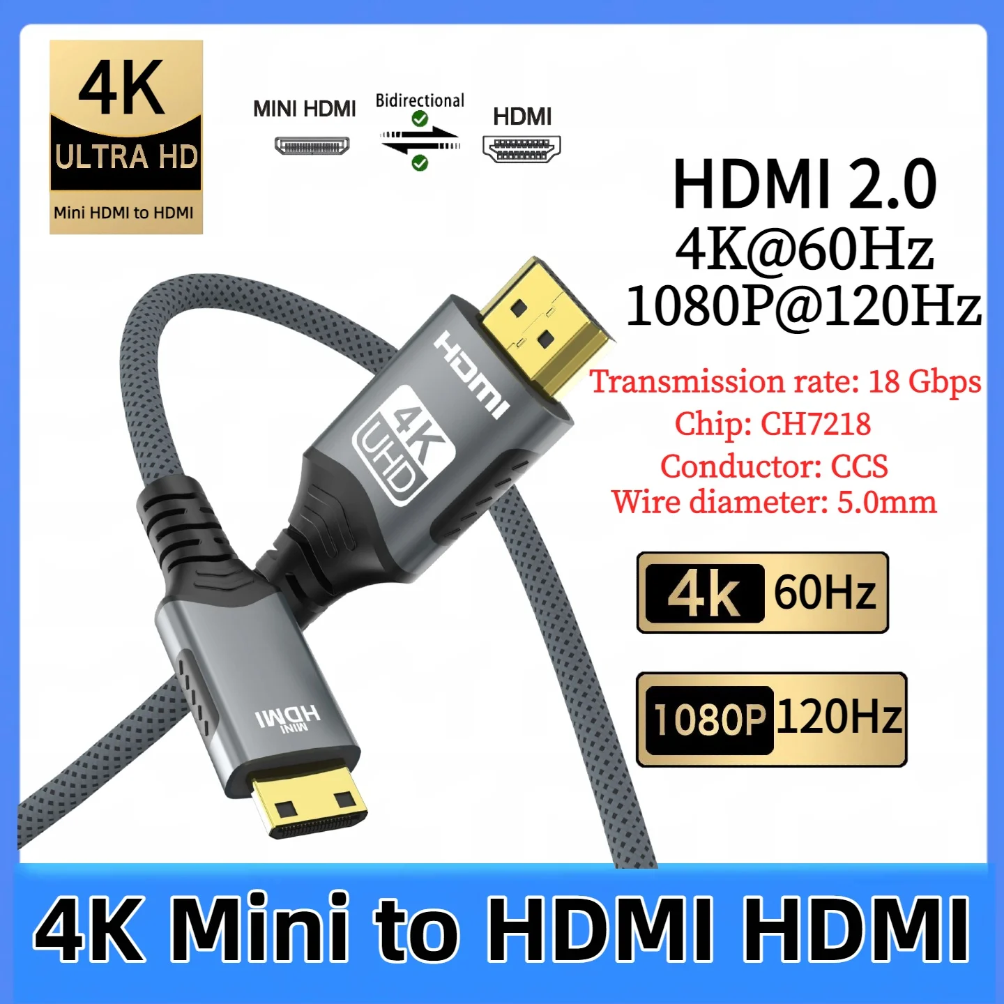 4K Mini HDMI to HDMI Cable HD 4K@60Hz High-Speed Braided HDMI-compatible Cable Bi-Directional 2.0Cord for HDTV Tablet Camera