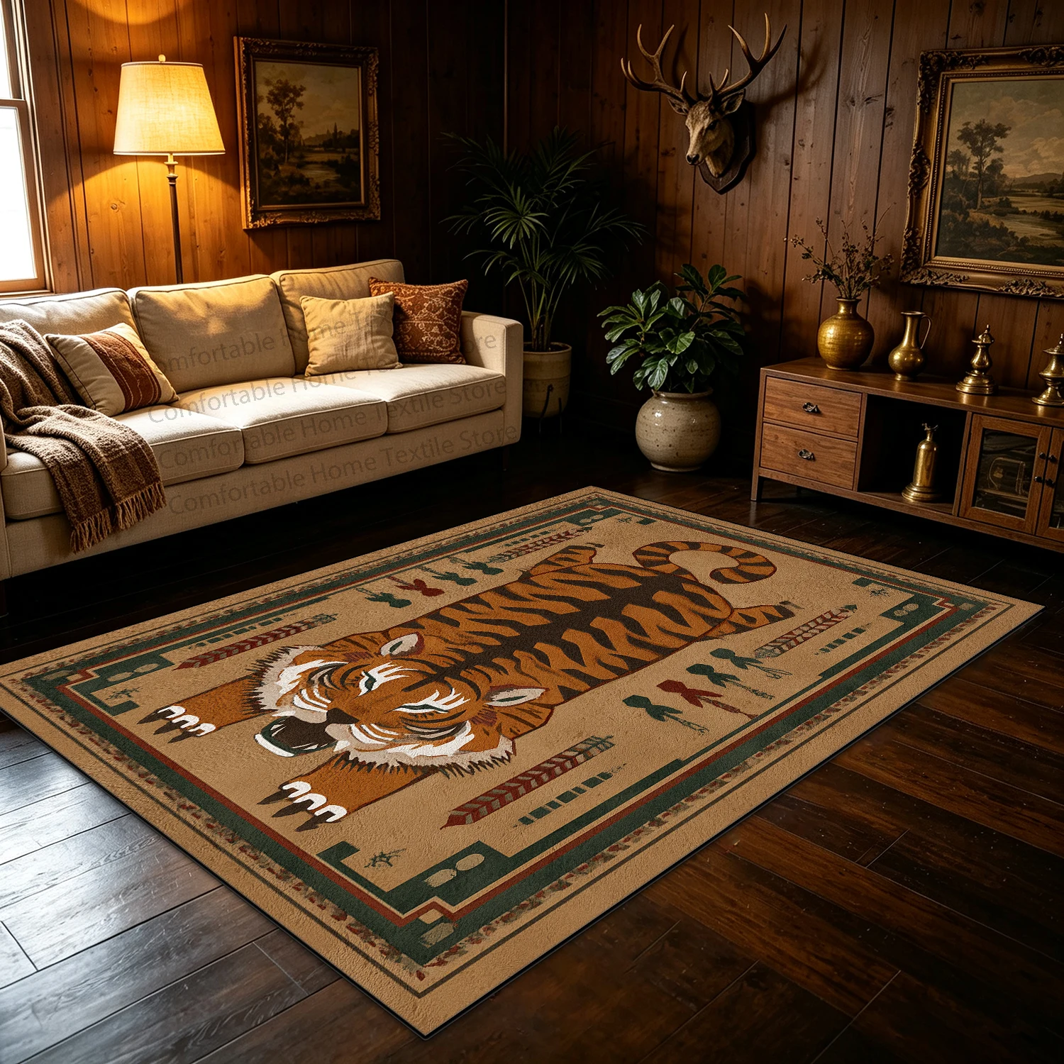 European American Style Retro Tiger Living Room Carpet Non-slip Easy Cleaning Foldable Lounge Rug Washable Soft Bedroom Carpet