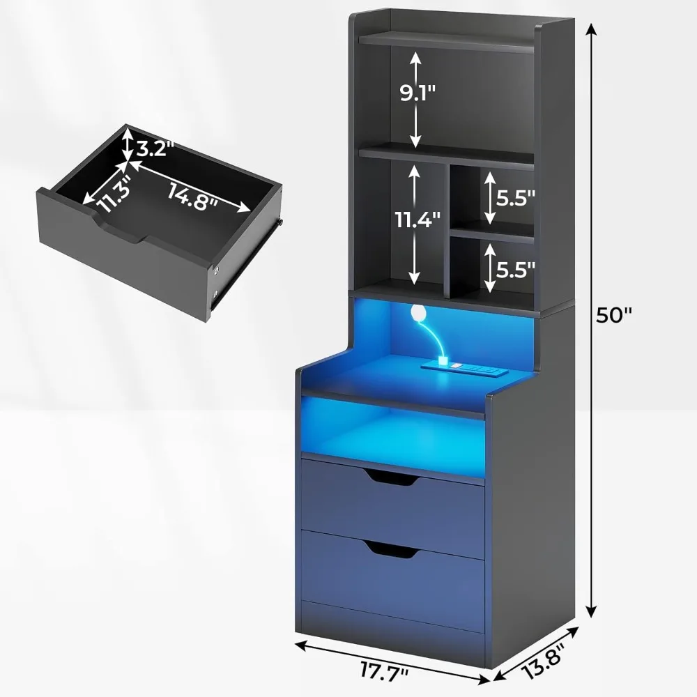 Conjunto de mesa de cabeceira alta de 2, mesa de cabeceira LED com estação de carregamento, mesa de cabeceira alta com prateleiras e 2 gavetas, mesas laterais