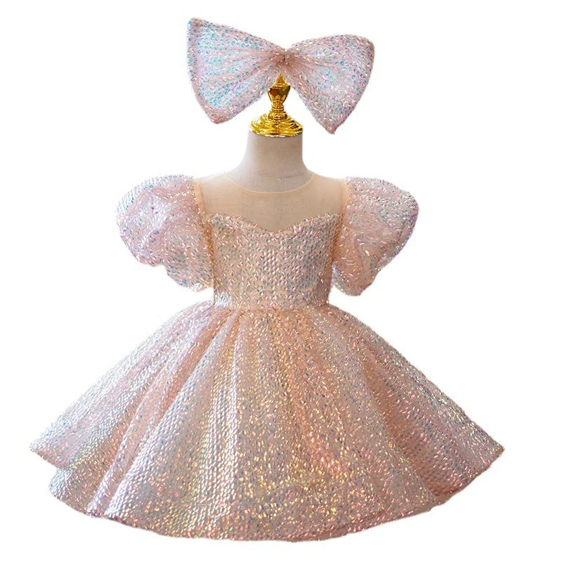 Kids Sparkly Sequin Formal Dress Toddler Girls 1st Birthday Outfit Piano Recital Host Pageant Party Tutu Dress for 80-160cm