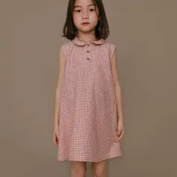 Summer New Retro Children Girl Dress Kids Cotton Casual Sleeveless Dresses Fashion Plaid Children's Clothing
