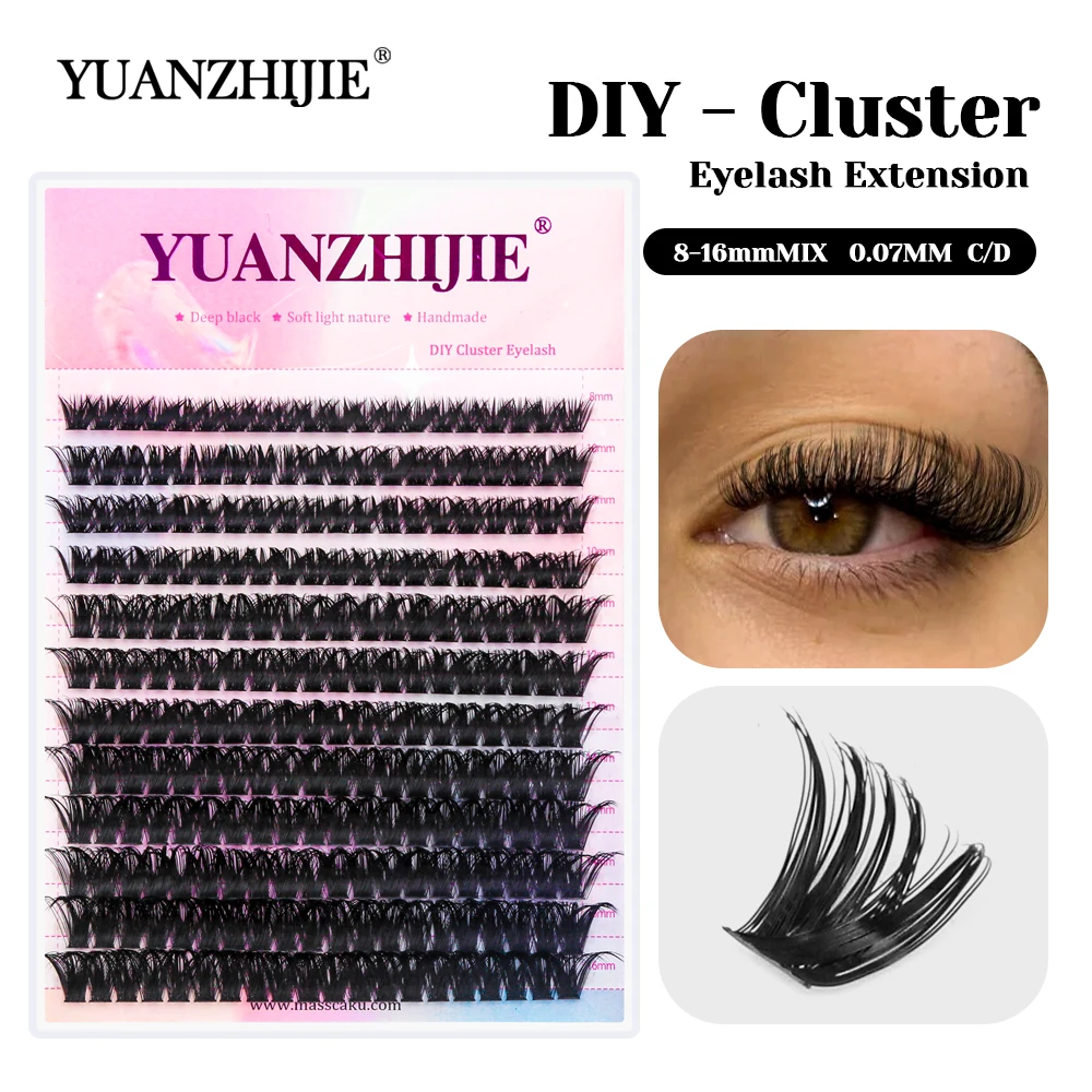 High Quality YUANZHIJIE C D Curl Lightweight Korea PBT Fiber DIY Clusters Lashes Matte Black Handmade Self-Adhesive Lash Trays