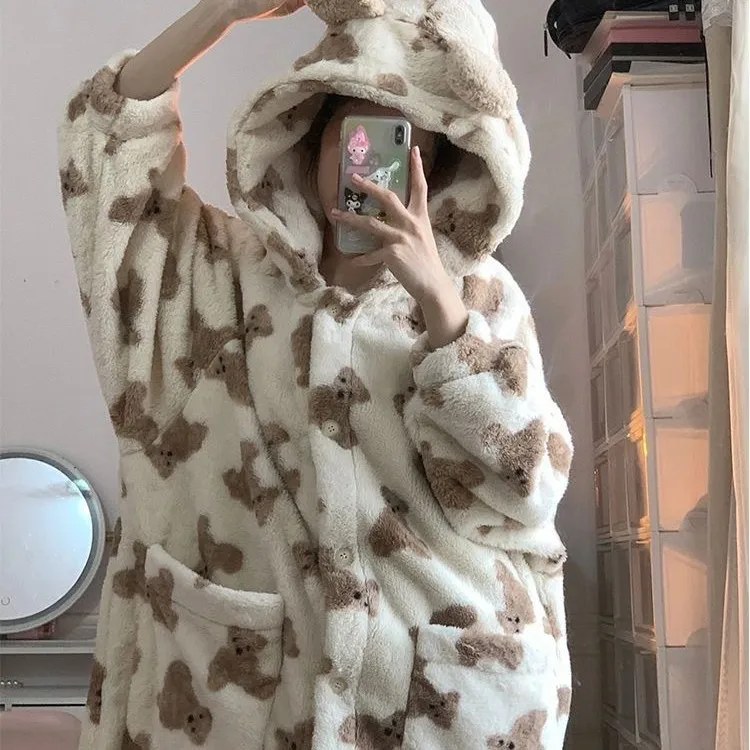 الشتاء المرجان بيجامة من الصوف المرأة لطيف الدب الصغير سميكة رداء طويل ملابس المنزل فتاة الكرتون ملابس خاصة ملابس غير رسمية