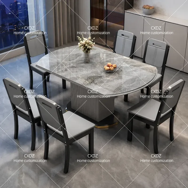 Modern Luxury Rock Slab Dining Table and Chair Set Telescopic Folding Solid Wood Square Round Dual Purpose for Small
