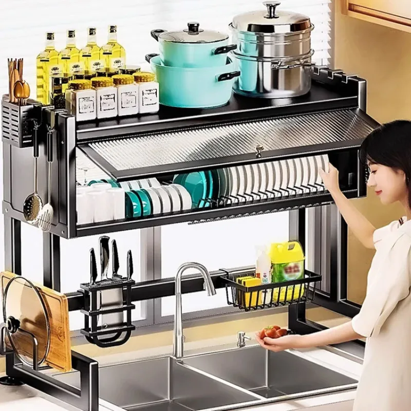 Multifunctional Sink Shelf Plate Dish Rack Over The Sink Drainer Rack Rust-Proof Kitchen Shelf Countertop with  Utensil Holder