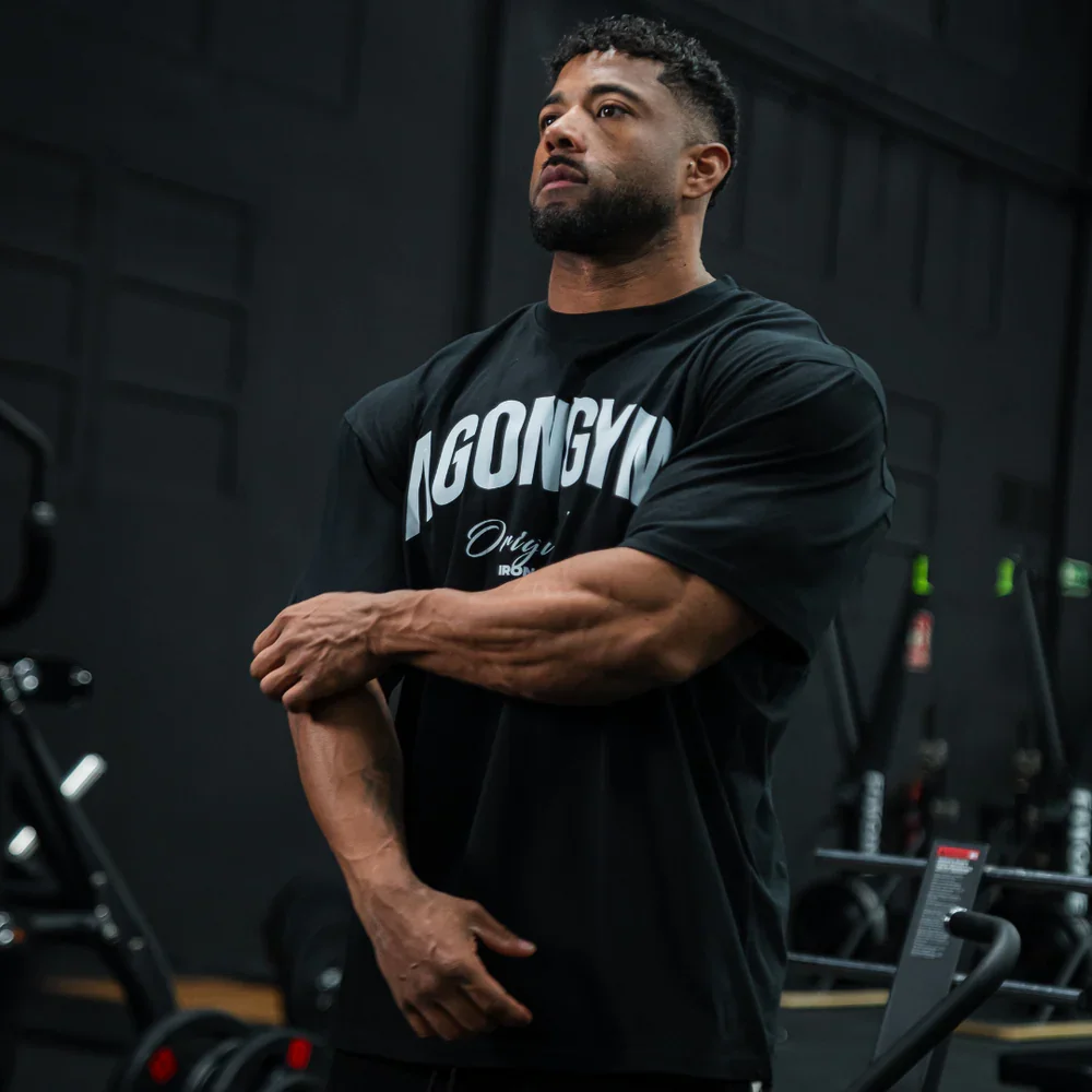 Herren Oversize-T-Shirts aus schwerer Baumwolle mit AGONGYM-Grafikdruck, Fitness-Streetwear, lockerer Rundhalsausschnitt, Kurzarm, Workout-Freizeitshirt – Detail 3
