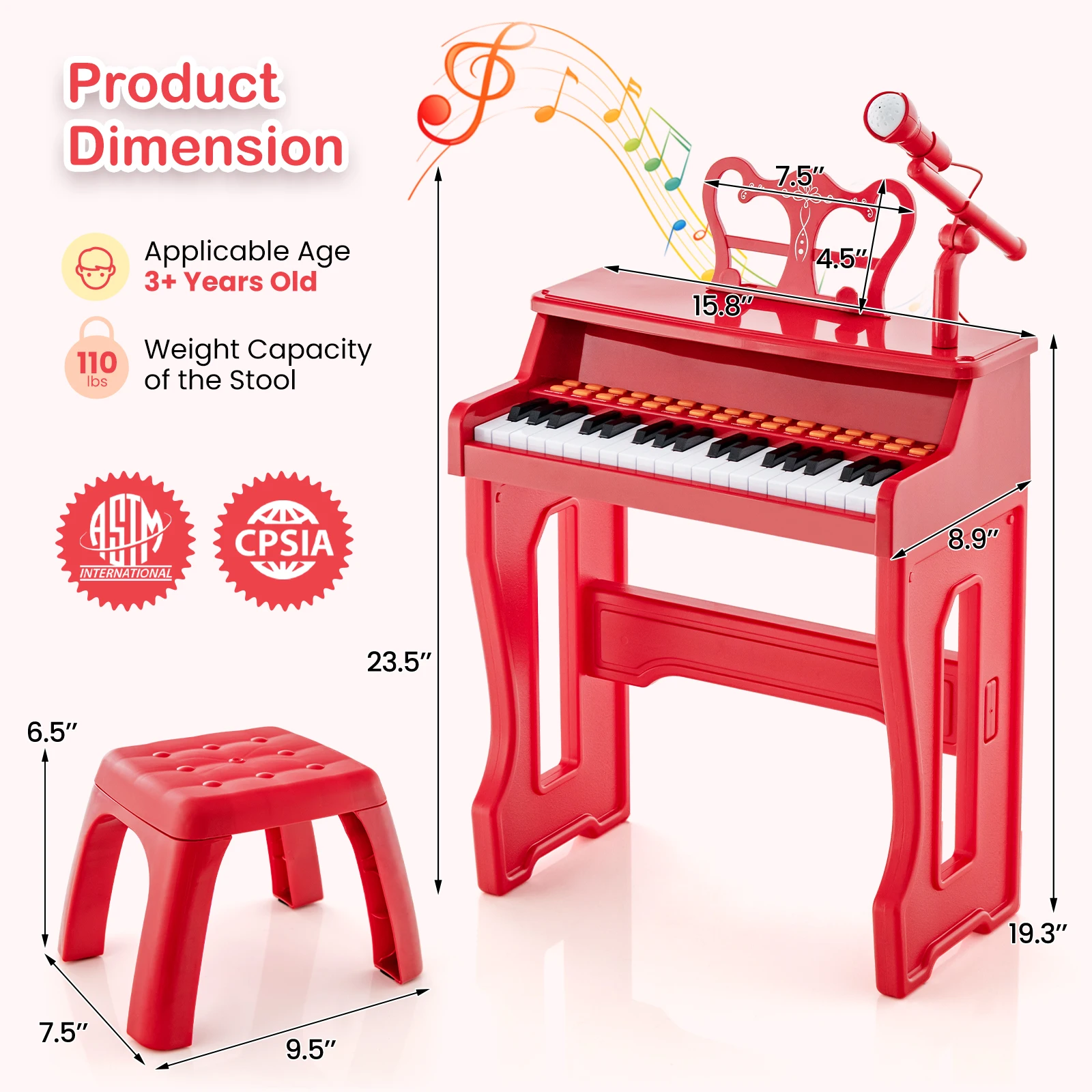 Tastiera per pianoforte musicale a 37 tasti per bambini che imparano lo strumento giocattolo con microfono rosso