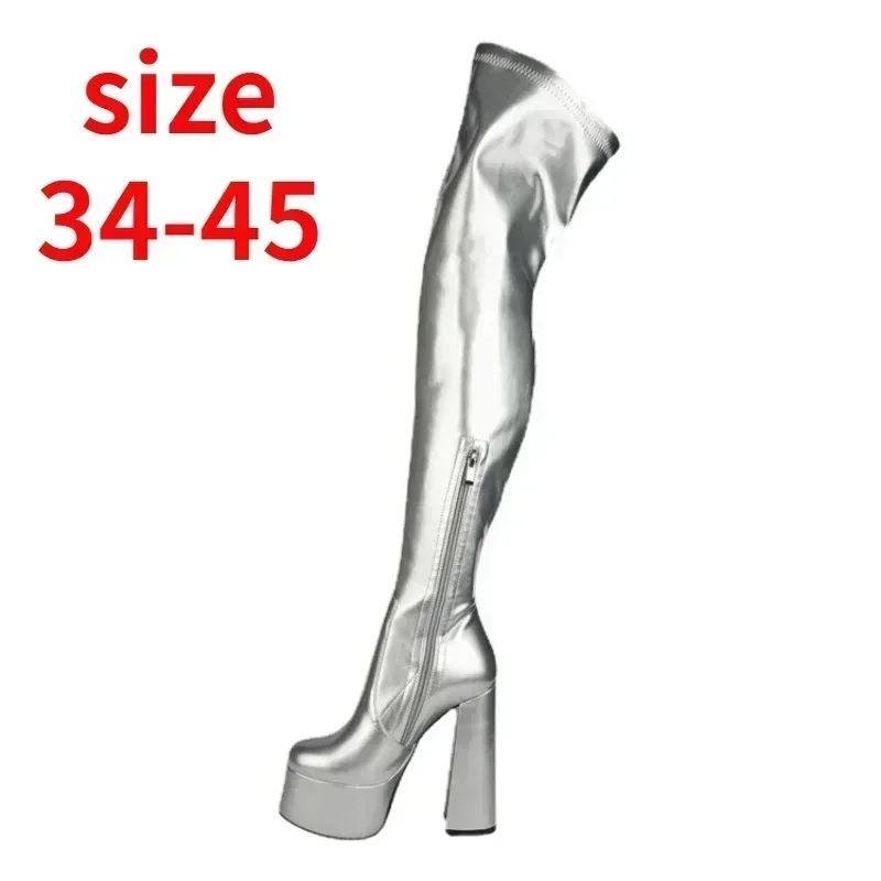 2024 winter New Fashion Silver Platform Chunky Heel Round Toe Nightclub Stage Over The Knee Boots for Women Big Size Shoes 43 45