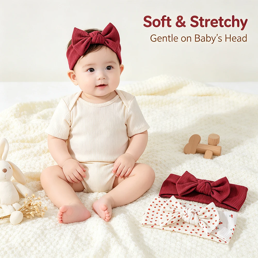 3-teiliges Baby-Stirnband-Set mit geknoteter Schleife, Turban, gerippte Haarbänder für Neugeborene, Kirschherz-Druck, Haarschmuck für Kleinkinder, Kopfwickel für Kleinkinder – Detail 3