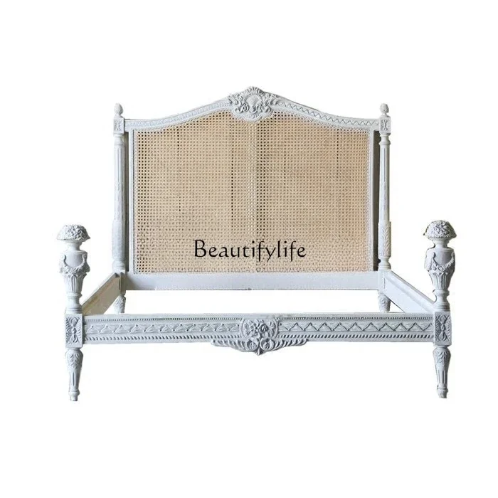 

yj7 American Country Style Antique Solid Wood Rattan Bed 1.8m French Home Simple 1.5m Master Bedroom Double Bed