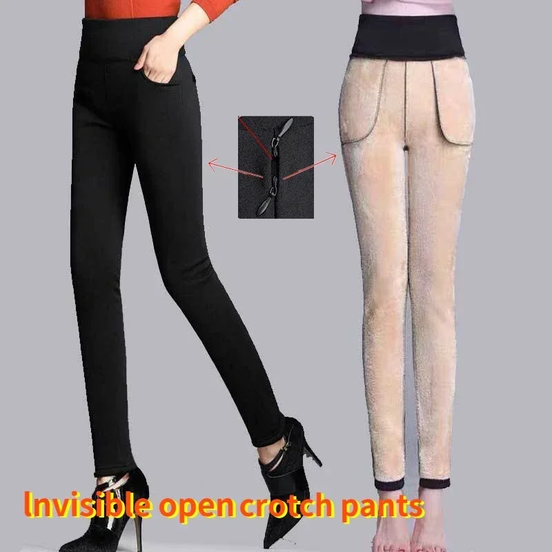 Open-Seat Pants Lambswool Outerwear Leggings Women's Pants Fleece-Lined with Double-Headed Invisible Zipper Field Dating Passion