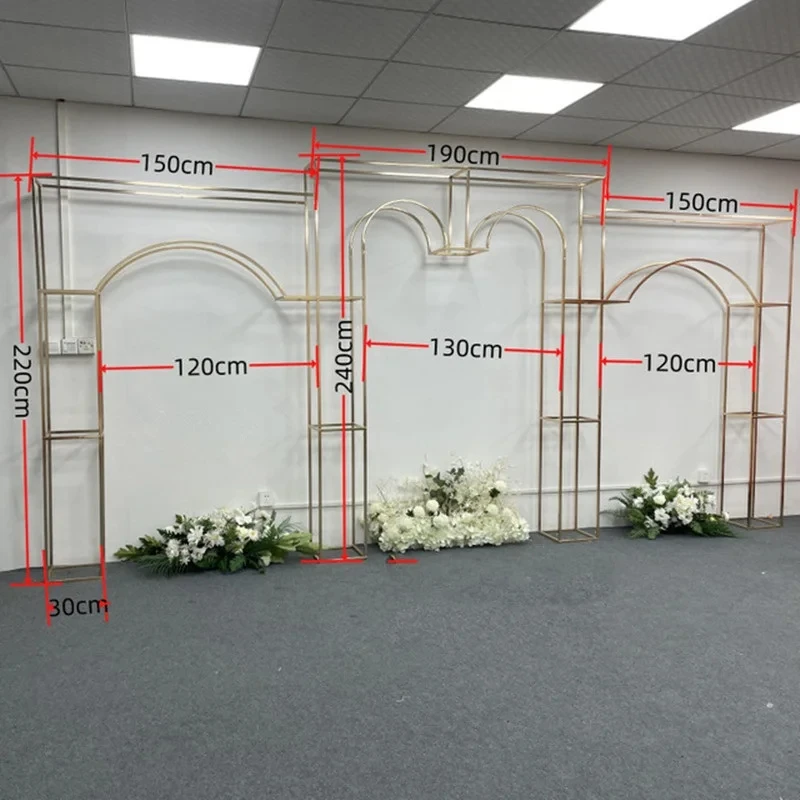 3 Stücke Hochzeitsbogen mit glänzender Goldlinie, mehrstöckiger Hintergrundrahmen, Hochzeitsblumenrahmen, Schleier-Stützrahmen – Detail 11