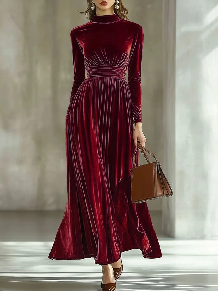 Autumn Fashion Half High Neck Velvet Dress Elegant Pleated Hight Waist Solid Party Dress Women's Casual Long Sleeve Long Dresses