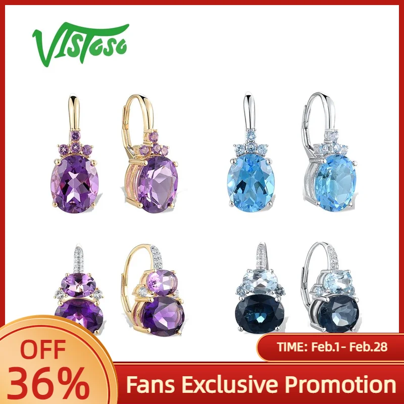

VISTOSO Real 14K 585 Gold Earrings For Women Sparkling Diamond Blue Topaz Amethyst Charms Wedding Trendy Gifts Fine Jewelry