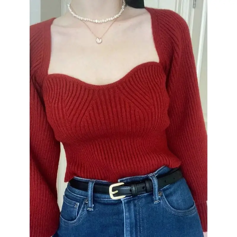 Vintage Sweater Square Collar Autumn Winter Kintted Long Sleeve Tops Striped Elegant Comfort Casual French Fashion Pullover