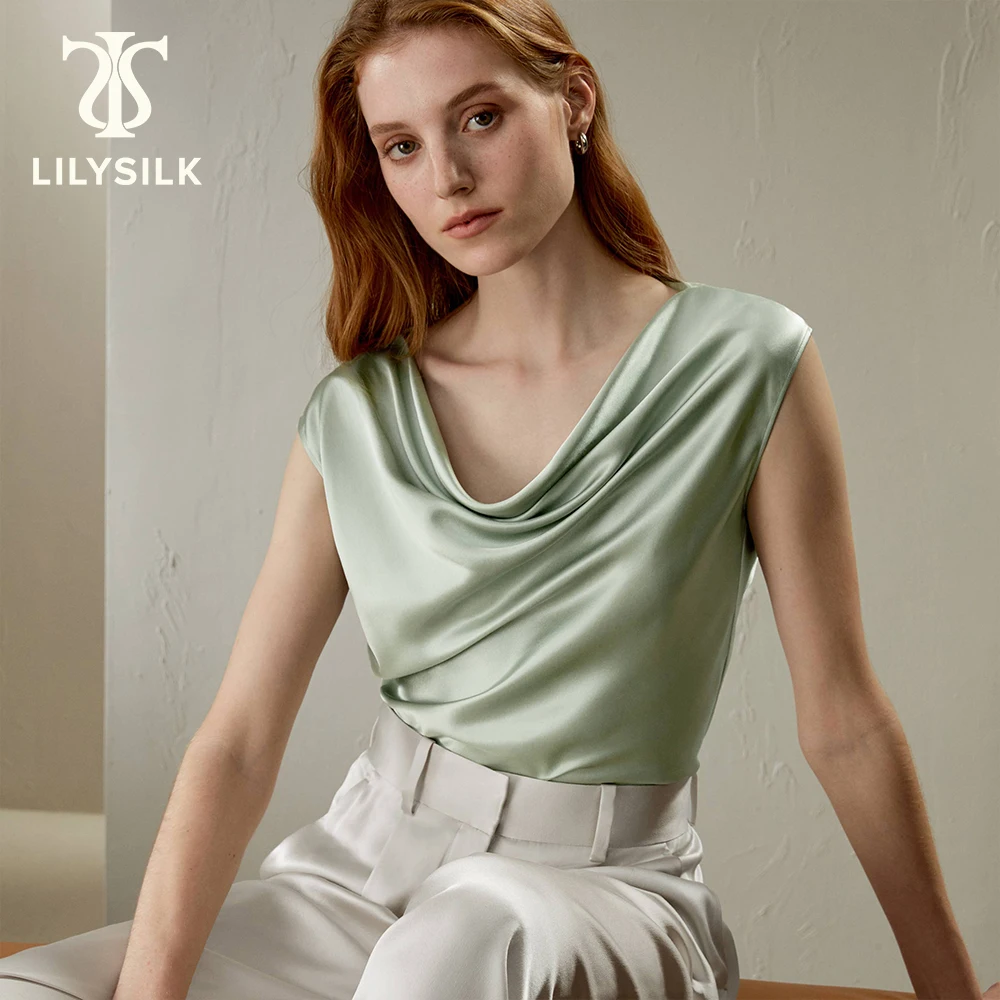 LILYSILK Women's Silk Charmeuse Cowl Neck Top Ladies Basic Tee Blouse with Minimalist Design for Everyday Wear