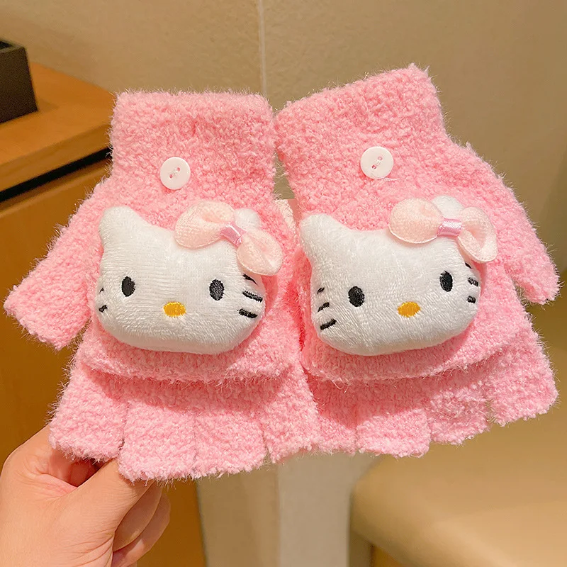 Sarung tangan bayi perempuan Sanrio Hello Kitty, sarung tangan lipat hangat tebal, sarung tangan jari terpisah, sarung tangan kartun Kuromi mewah