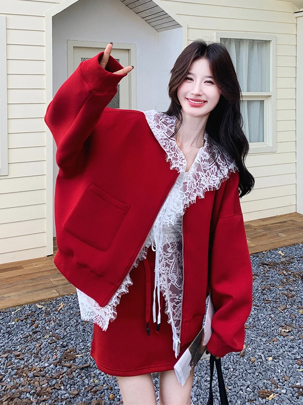 

Красный кружевной кардиган-худи и юбка с завышенной талией: женский комплект для ранней весны и осени, повседневный модный ансамбль из двух предметов