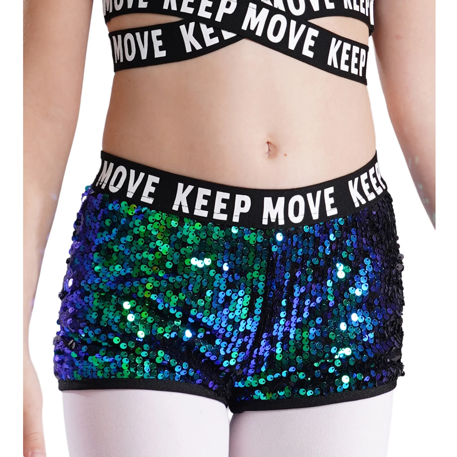 Kids Girls Sparkling Sequin Pole Ballet Dance Shorts Performance Hip-hop Costume Letters Printed Waistband Shorts