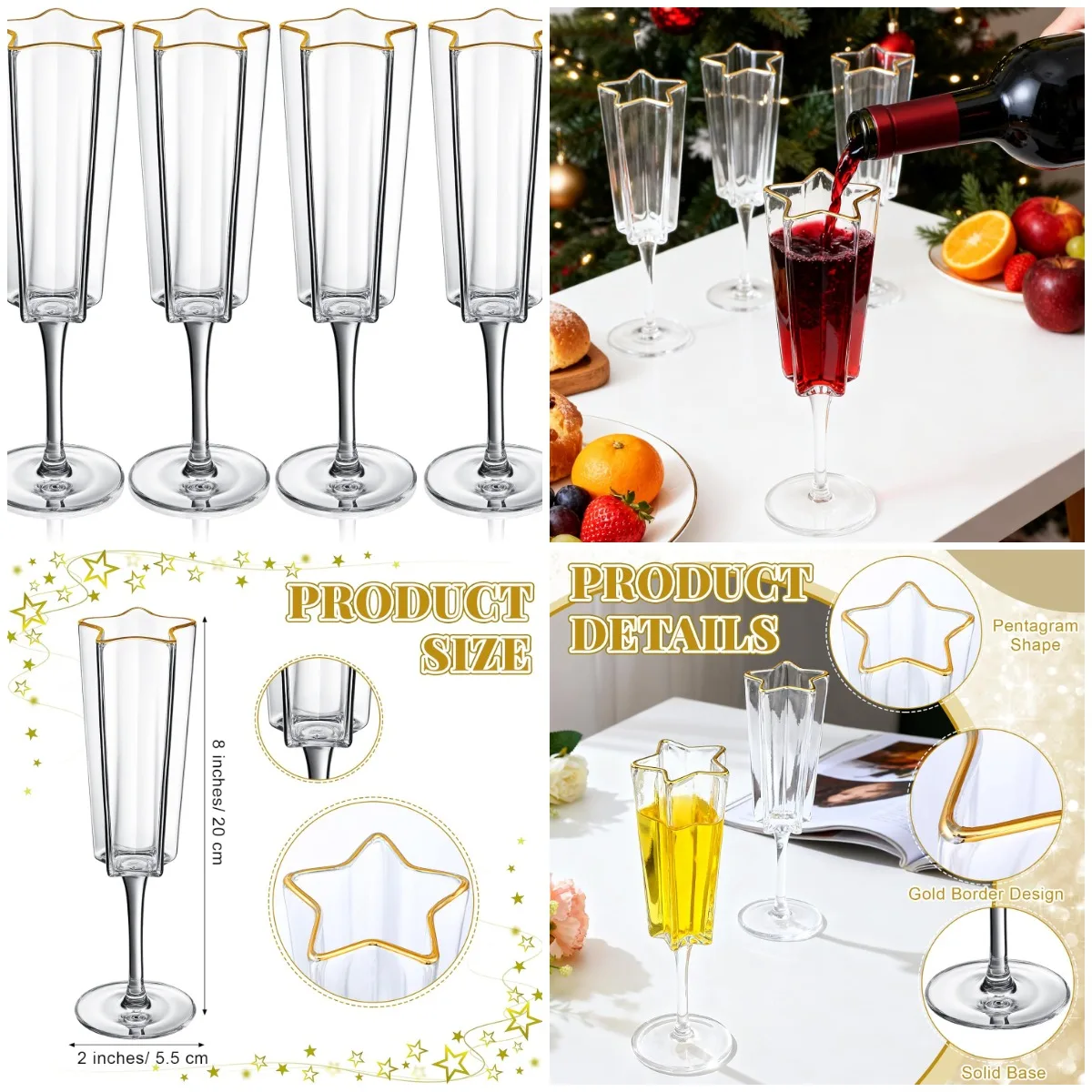 

4 шт. флейты для шампанского в форме звезды с золотым ободком, прозрачные коктейльные бокалы 8 футов на Рождество, Новый год, свадьбу, юбилей