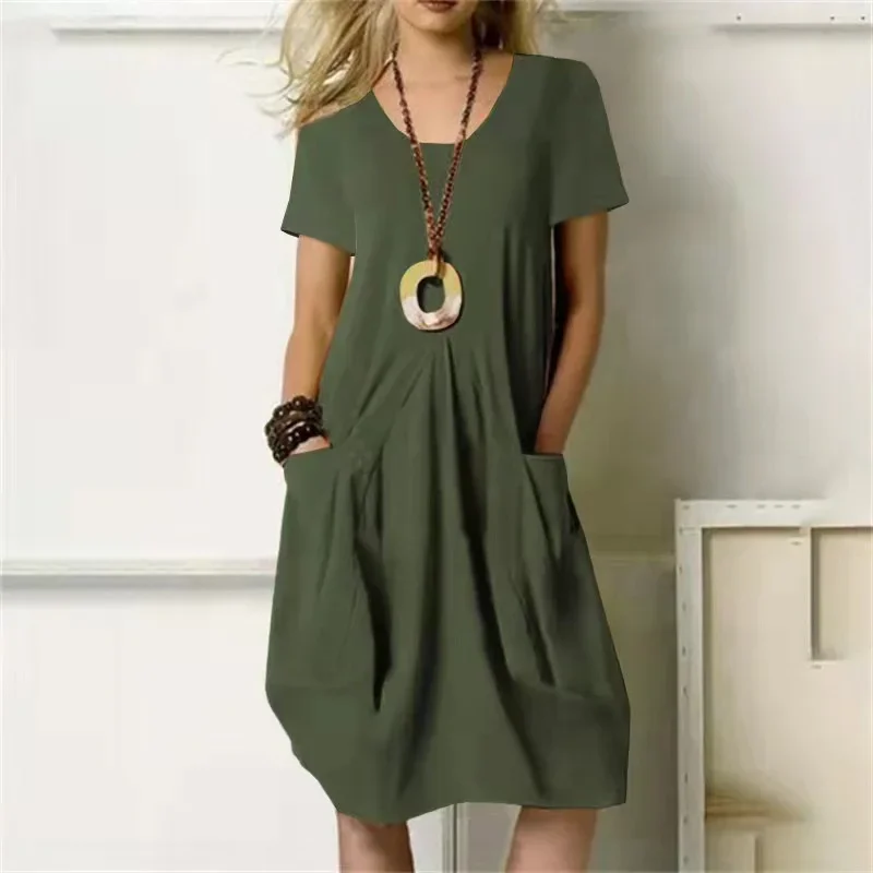 Women Solid Color Cotton Linen Loose Dresses Summer O Neck Pullover Short Sleeve Dress Female Daily Comfortable Casual Midi Gown