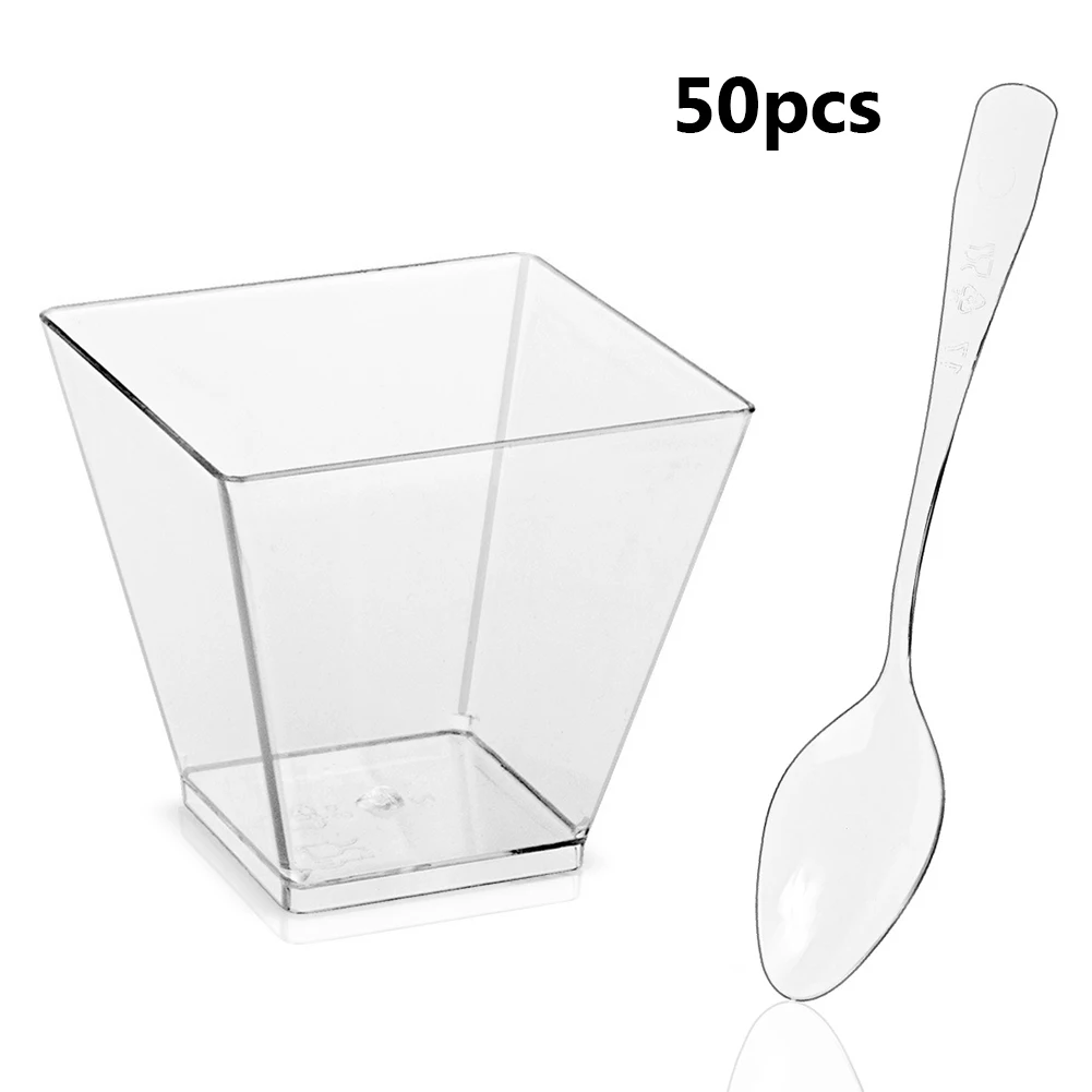 

50pcs Plastic Dessert Cup Kitchen Decor Square Mini Dessert Cups with Spoon Set Disposable Supplies for Tasting Pudding Yogurt