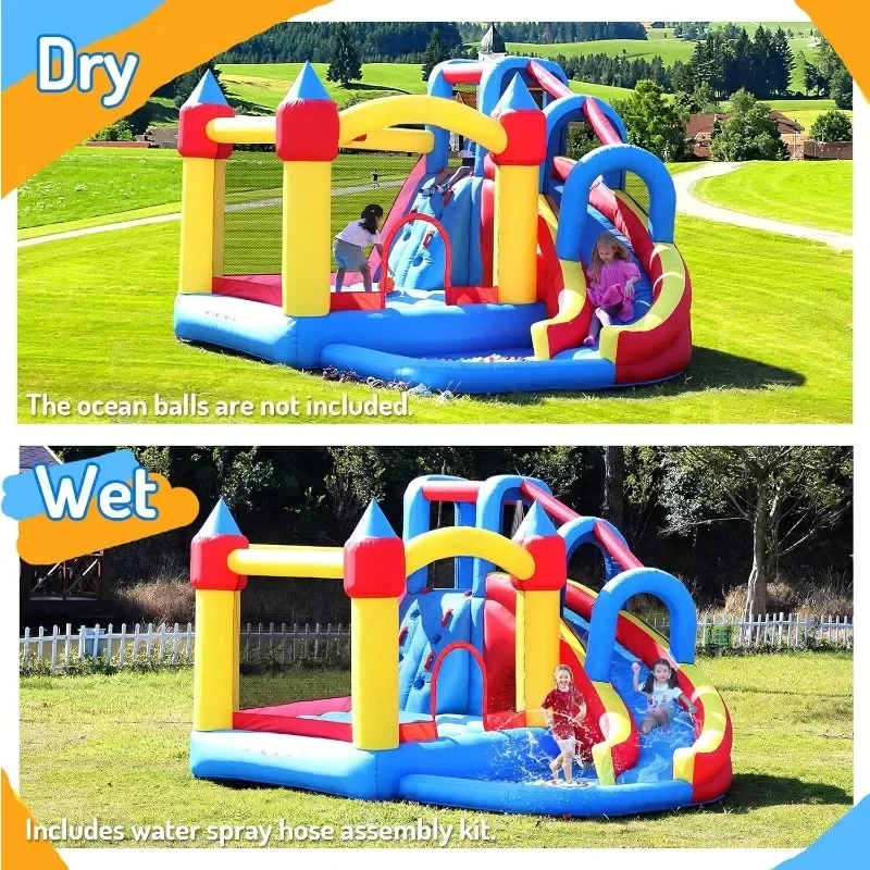 Inflatable Bounce House with Water Slide Wet Dry Use Basketball Hoop Climbing Wall Heavy Duty GFCI Blower Bouncy Castle Ball Pit