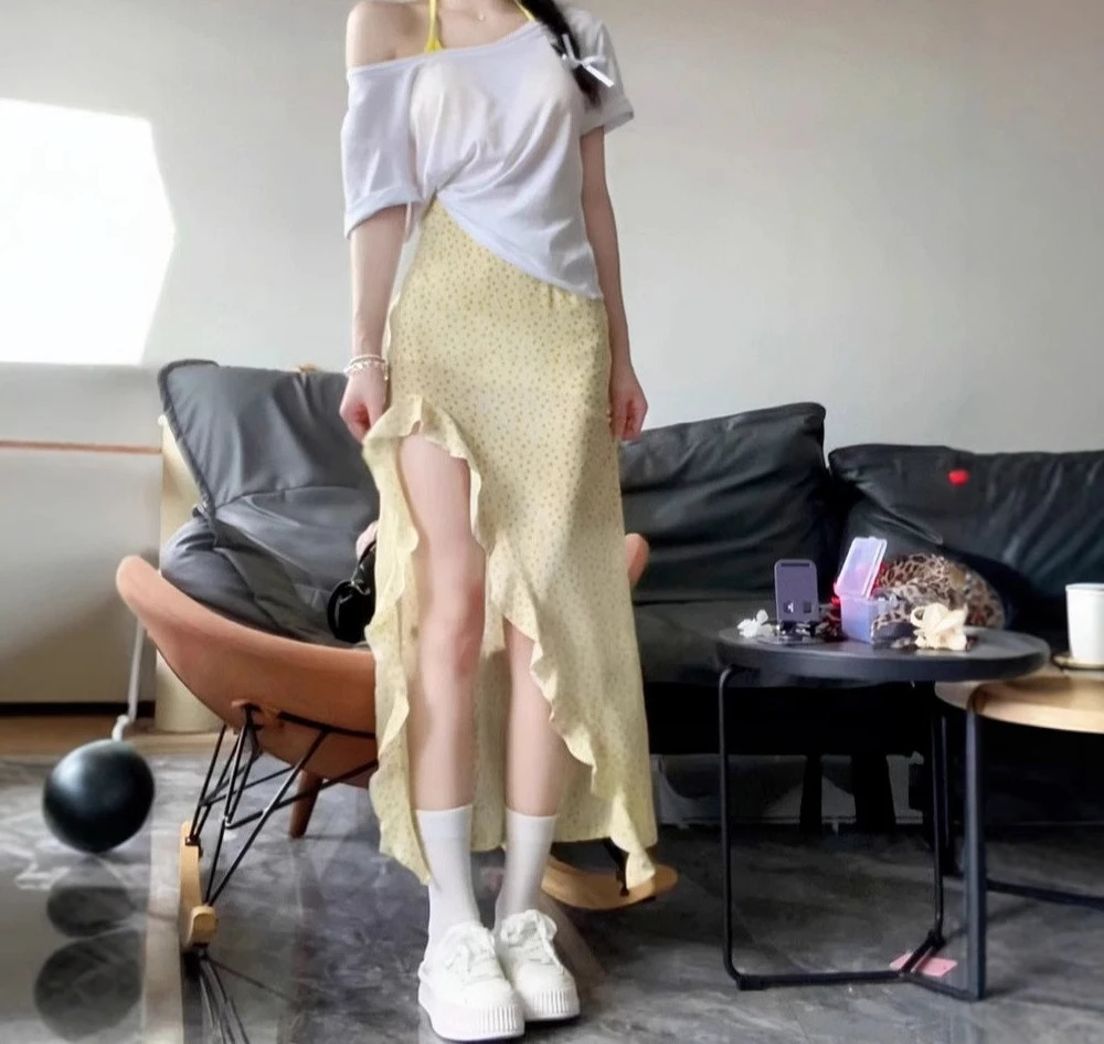 2023 heißer Sommer Gelb Floral Unregelmäßigen Schlitz Temperament Langen Rock für Frauen