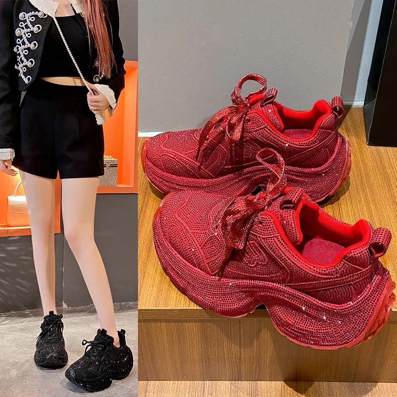 

Новые женские модные кроссовки с бриллиантами, дизайнерские блестящие кроссовки на платформе, роскошная повседневная обувь на толстой подошве, Zapatos De Mujer