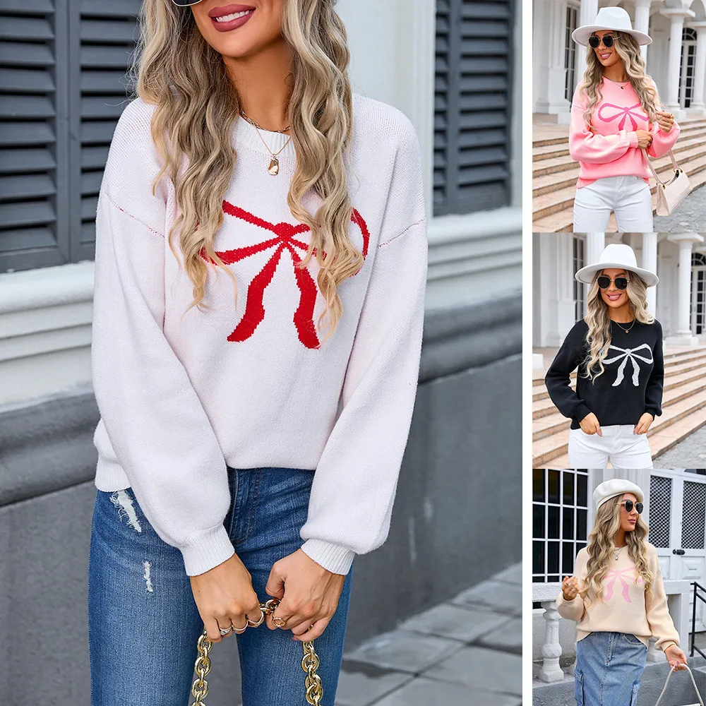 

Chic Bow Jacquard Knit Sweater For Women 2026 Autumn/winter Long Sleeve Loose Round Neck Pullover Sweater