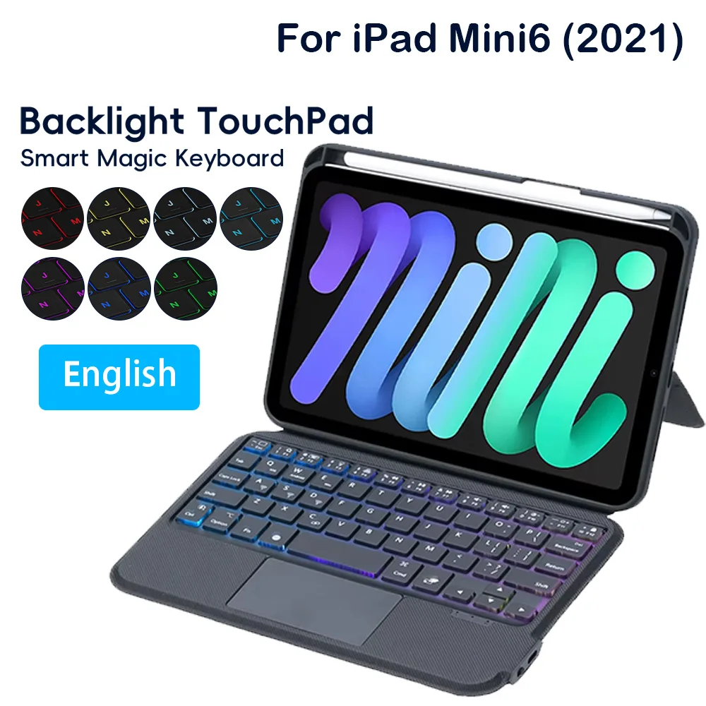 

Разделенный чехол с клавиатурой для Apple iPad Mini 6th 2021, Smart Track Pad, RGB-подсветка, магнитная клавиатура для набора текста, кожаный чехол-книжка с сенсорным экраном
