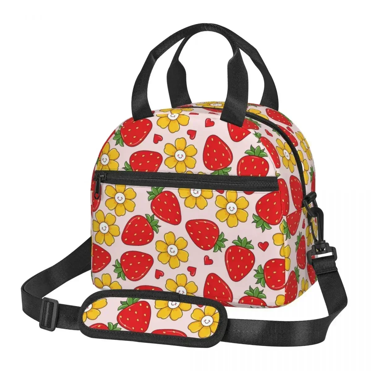 

Large Lunch Box With Adjustable Shoulder Strap Kawaii Smile Face Flowers Merch Cute Strawberry Boxes Thermal Cooler