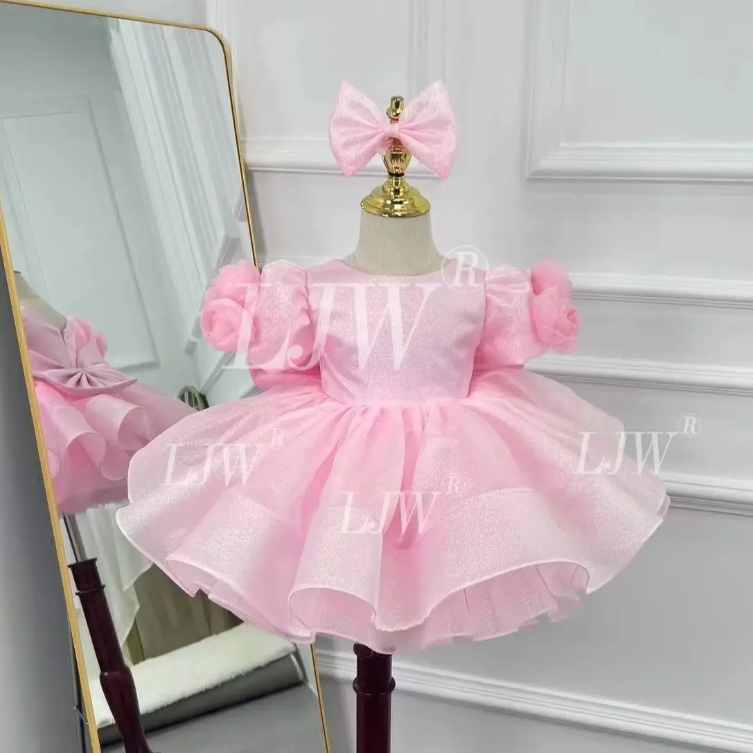 Toddler Girls Pink Sparkly Puffy Tutu Dress Puff Sleeve Rose Decor Kids Formal Party Gown Large Back Bow Baby First Birthday Pag