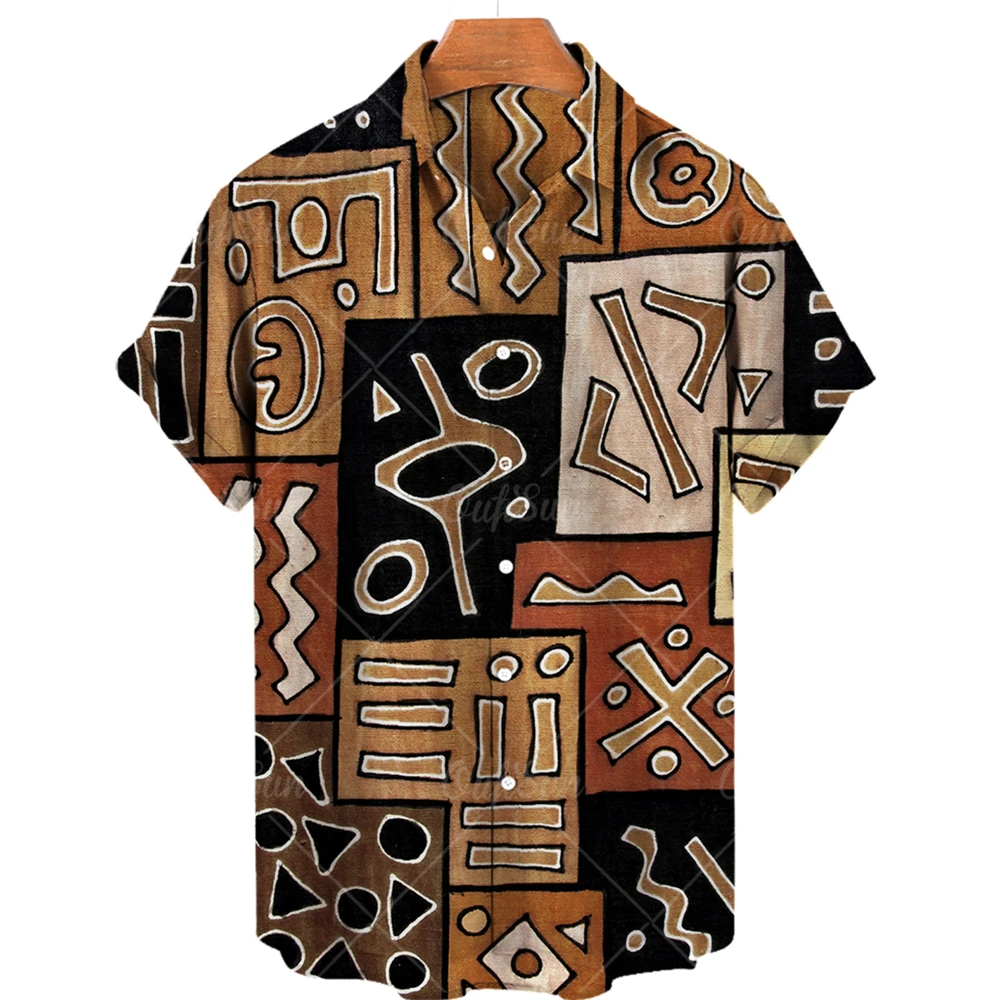 2022 Men's Hawaiian Shirt Ethnic Pattern Patchwork Top Casual One Button Short Sleeve Versatile Printed Large Size Shirts y2k 3
