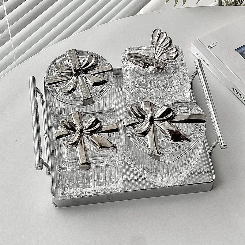 Light Luxury Dried Fruit Plate Four Compartments With Lid Candy Box Embossed Texture Dim Sum Dish Two Ear Handle Decoration Tray