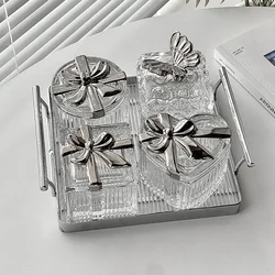 Light Luxury Dried Fruit Plate Four Compartments With Lid Candy Box Embossed Texture Dim Sum Dish Two Ear Handle Decoration Tray