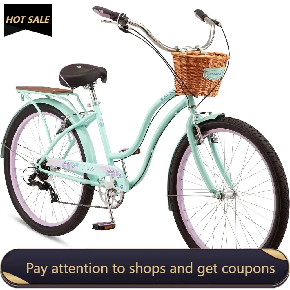 Adult Beach Cruiser Bike, Men and Women, 18-Inch Step-Through Steel Frame, 26-Inch Wheels, 7-Speed Twist Shifters Freight free