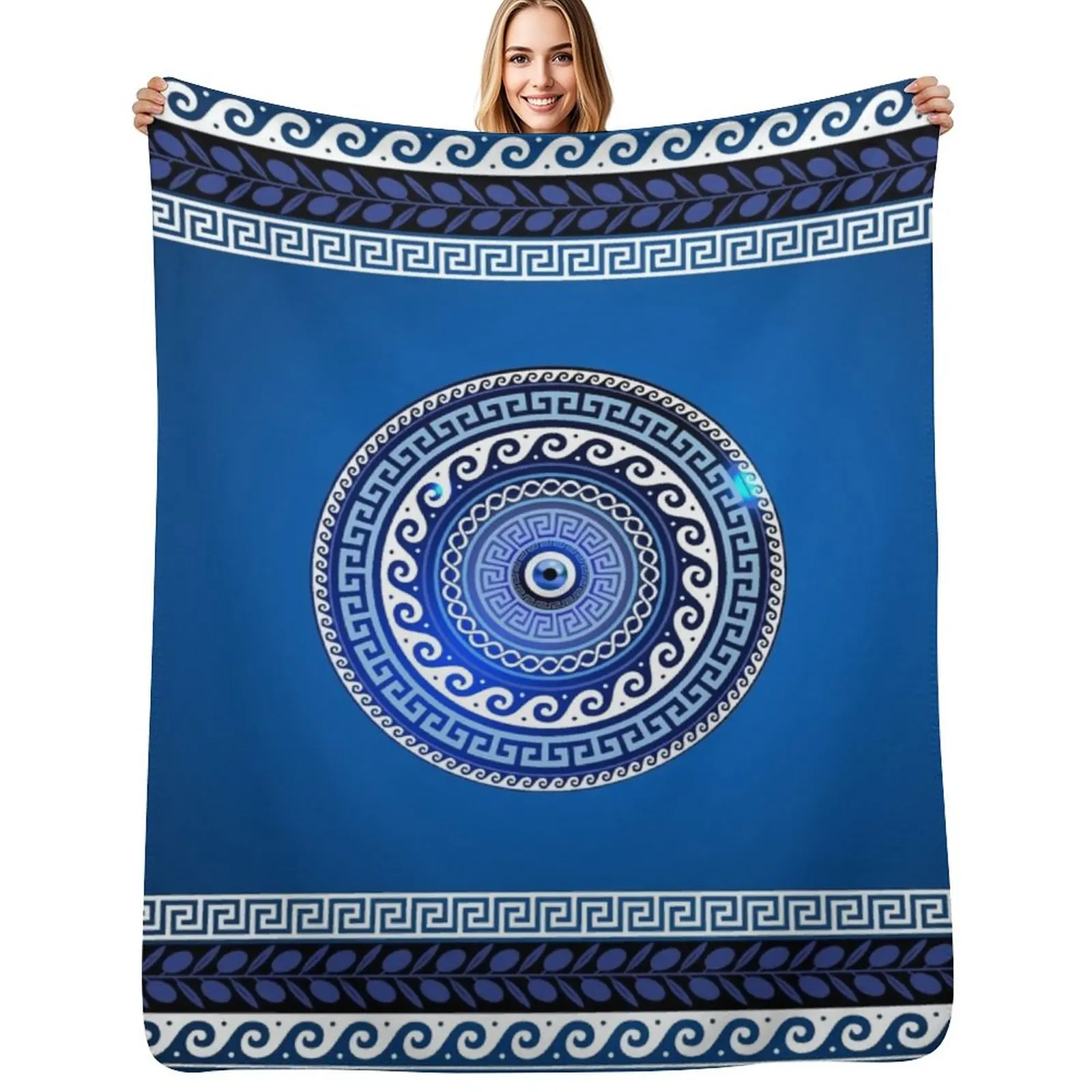 Mati Evil Eye Greek Key Patterns Yiorgos Collection Throw Blanket Fuzzy Plush Throw Blanket for Sofa Chair