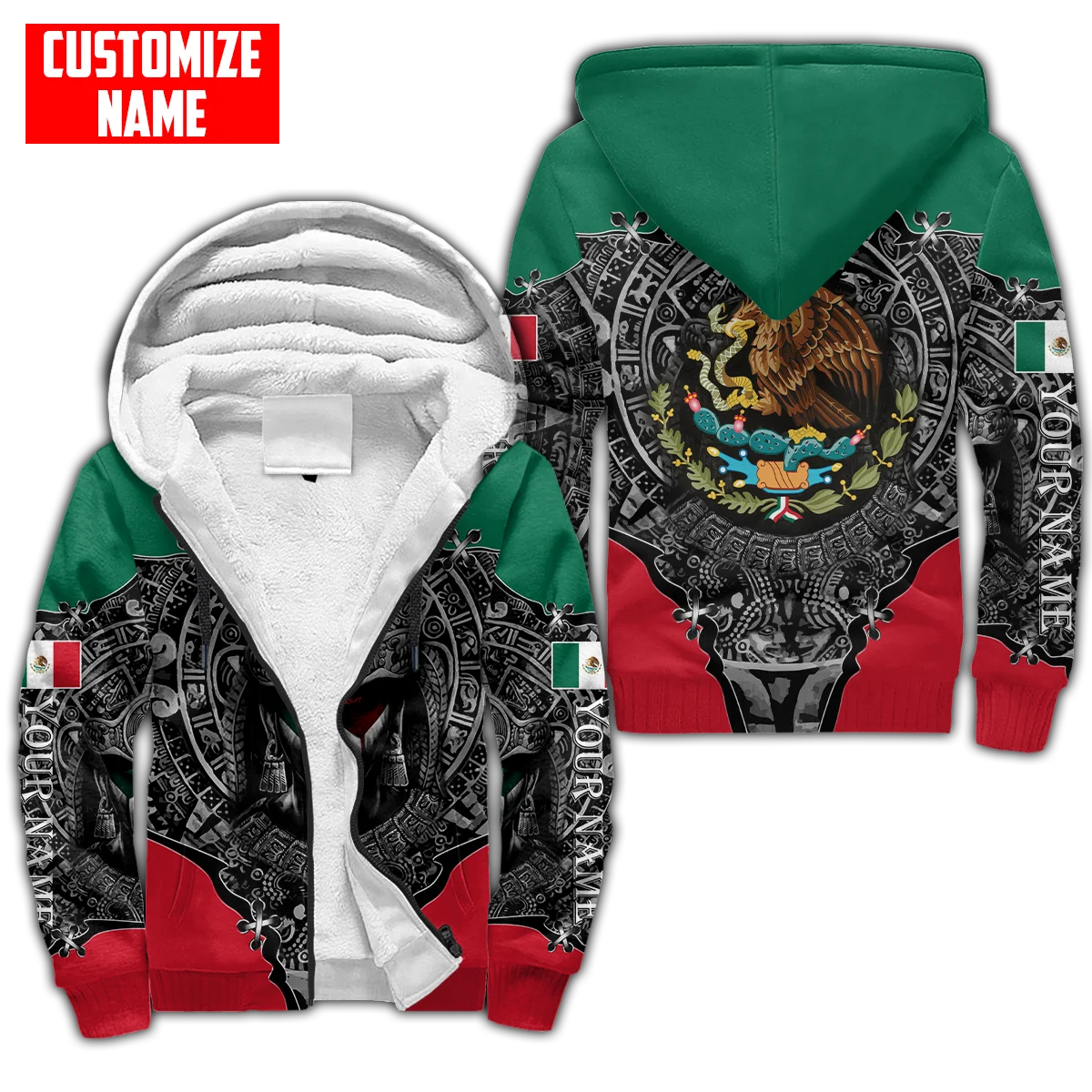 

Personalized Name Mexico Coat Of Arms 3D Printed Men's Fleece zipper Hoodies Unisex Winter Warm thicken Zip Jacket Coat SWC08