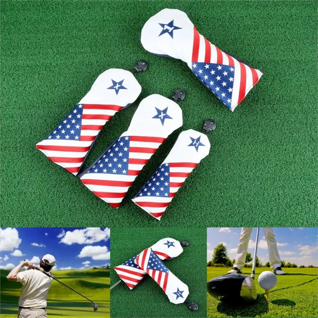 1/3/4 Pcs USA Flag Golf Wood Headcover Set For Driver/ Fairway/ Hybrid UT FW Cover 1 3 5 UT Golf Club Heads Covers PU Leather