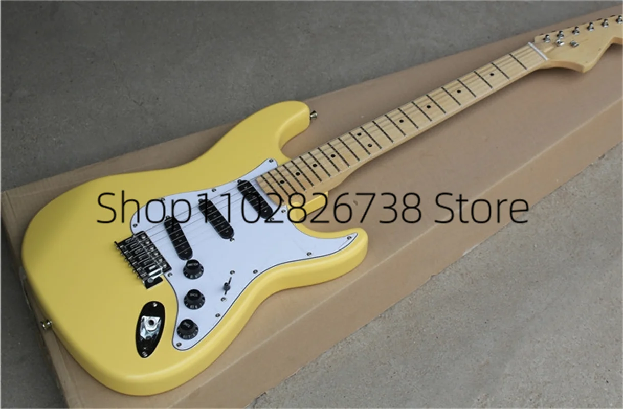 Stra Electric Guitar Yellow Body Black SSS Pickups White Guard Maple Fingerbard Factory Custom