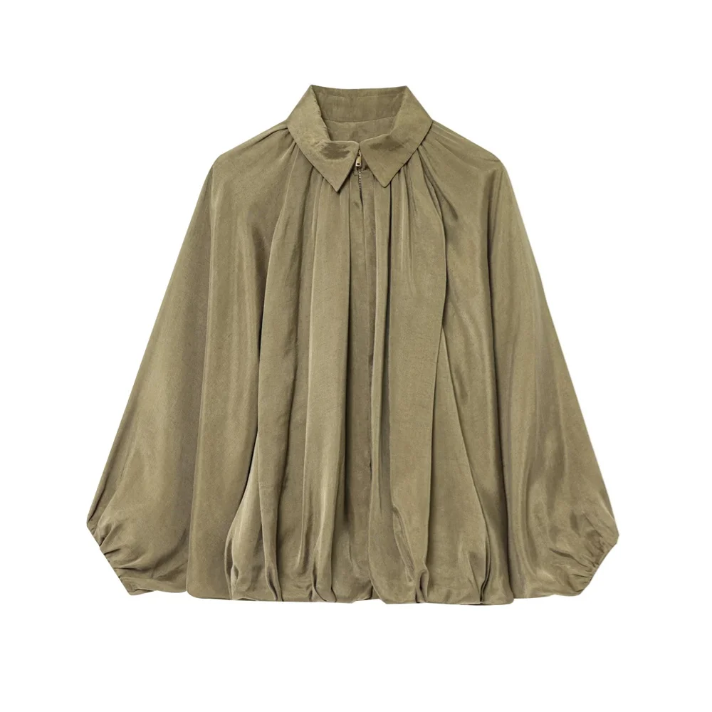 Chaqueta de piloto hinchada para mujer con decoración de cremallera de solapa para primavera y verano ropa casual para mujer