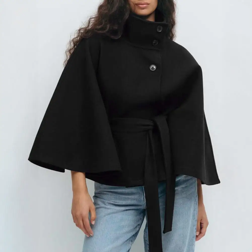 Adjustable Waistband Coat Belted Trench Coat Women’s Wool Poncho Coat with Batwing Sleeves Belt Stand Collar Cropped for Fall