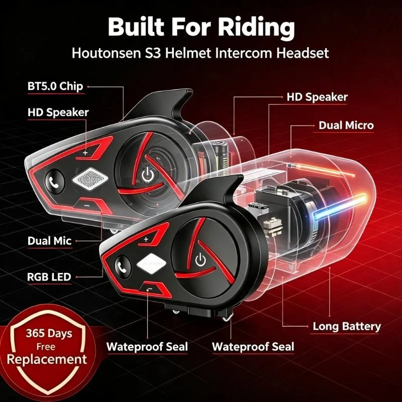 Houtonsen S3 Bike Helmet Intercom Headset BT5.0 1000M 6-Users Waterproof Bluetooth Speaker RGB LED Lamp for Riding