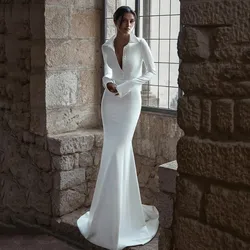 Morden White Mermaid Wedding Dress Simple Long Sleeves Sweep Train Elegant V-Neck With Button Gown Dresses Customized 2026